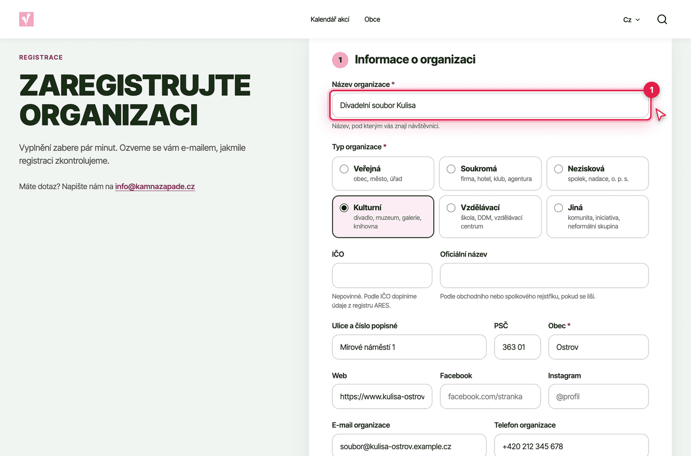 Snímek obrazovky: reg 03 formular organizace