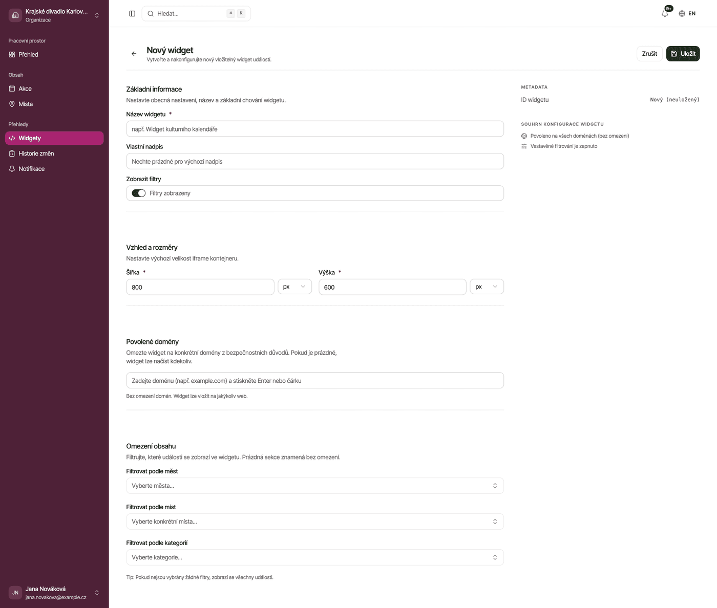 Snímek obrazovky: stu 29 widget editor